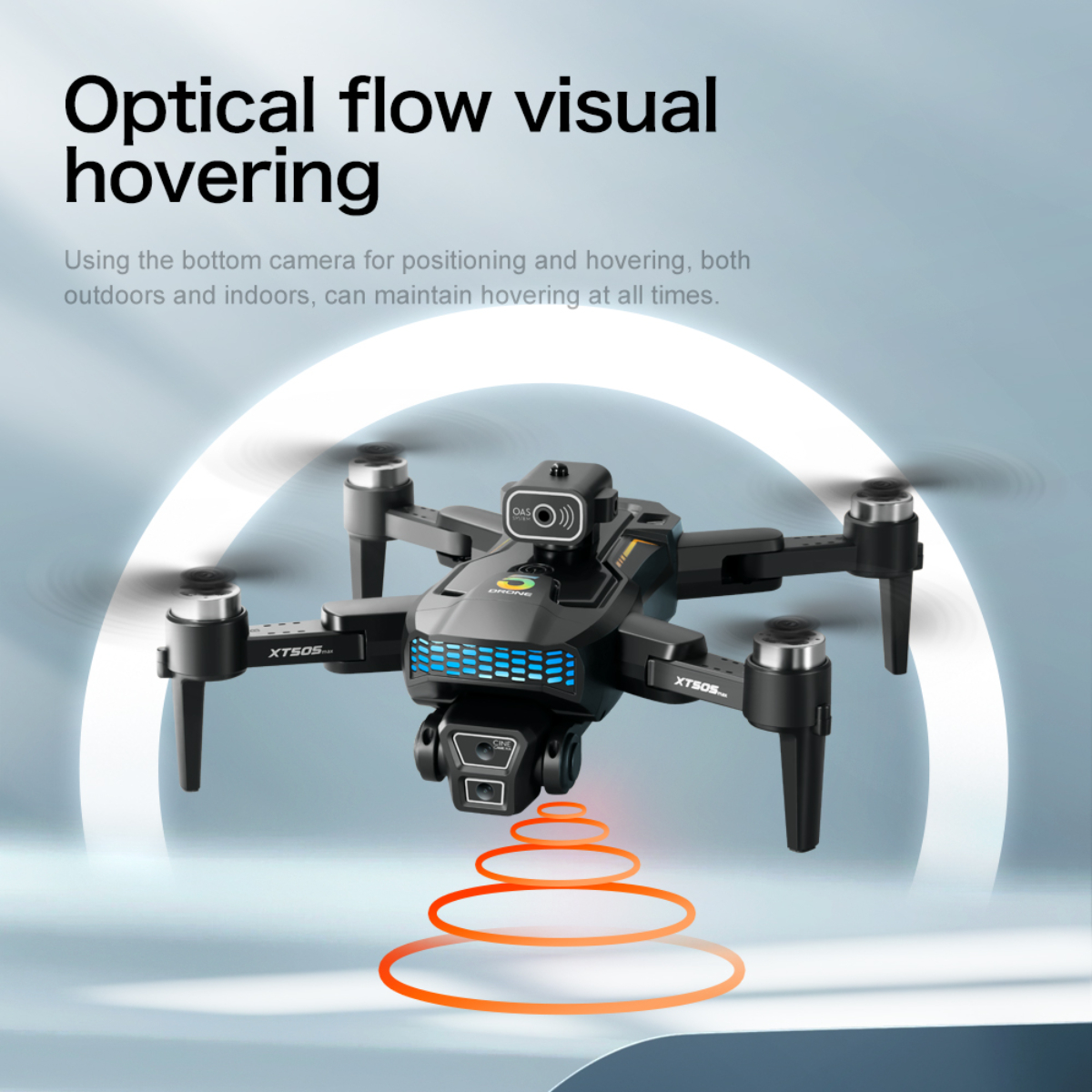 Schwarze Drohne mit vier Propellern. Text lautet 'Optical flow visual hovering' und 'XTSOS...'