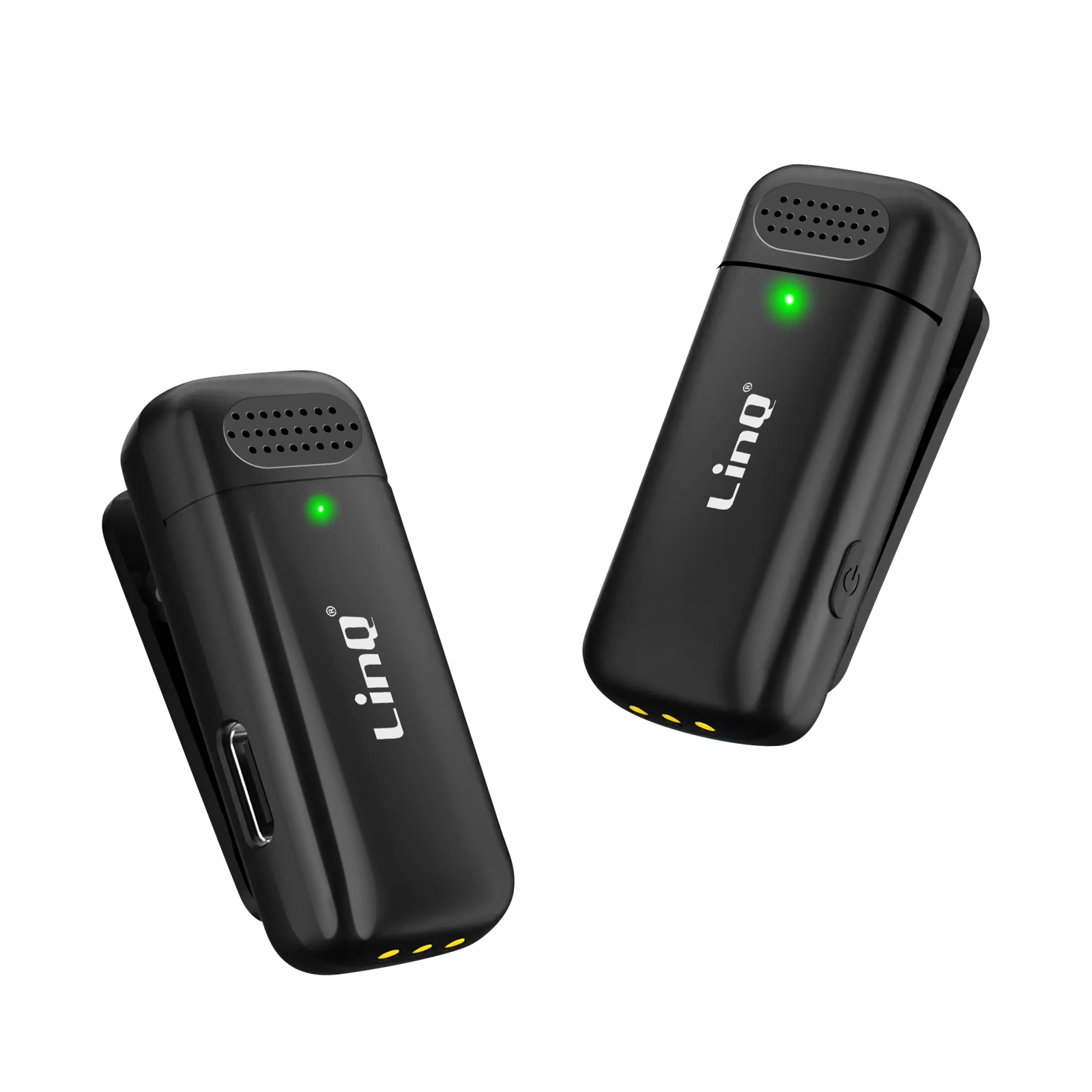 Due microfoni wireless neri. Ognuno ha una clip, una luce e la parola "Linq".