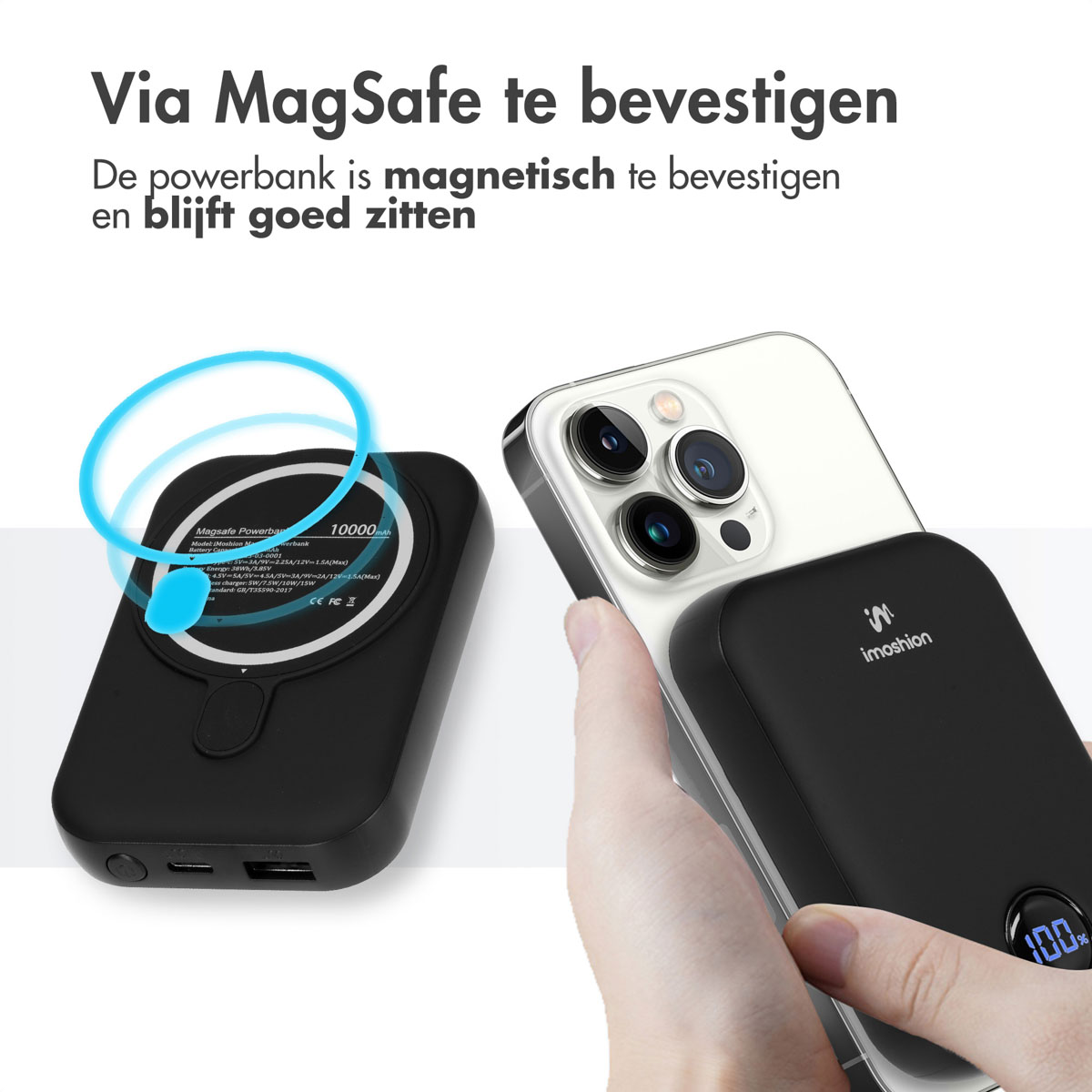 Batterie externe noire fixée magnétiquement à un téléphone, avec texte sur la compatibilité MagSafe.