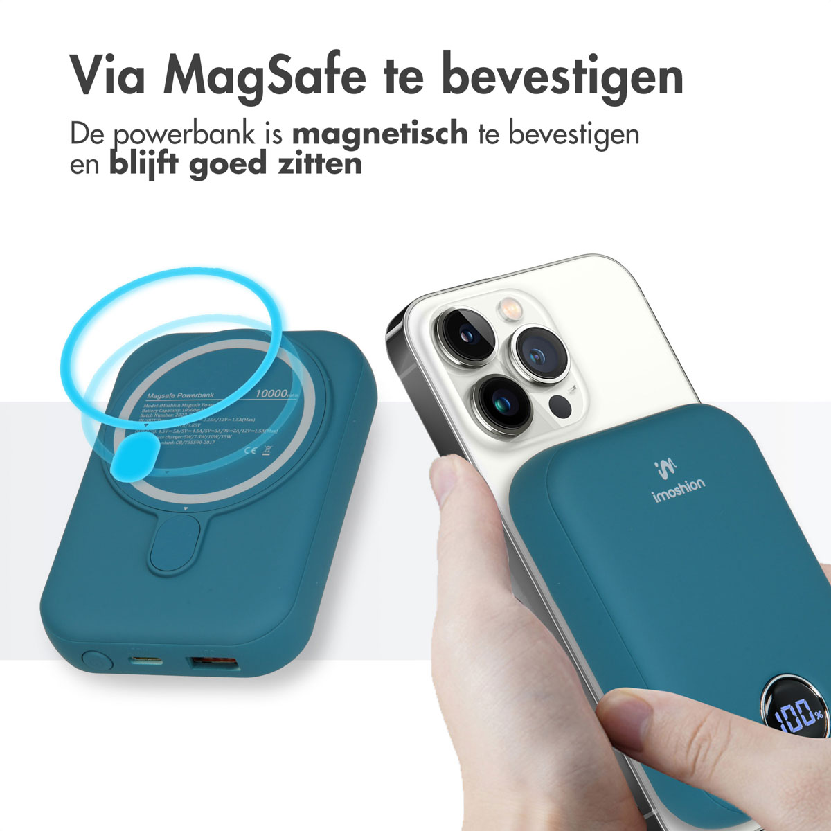 Eine türkisfarbene Powerbank, magnetisch an einem weißen Telefon befestigt, mit blauem Ladekreis.