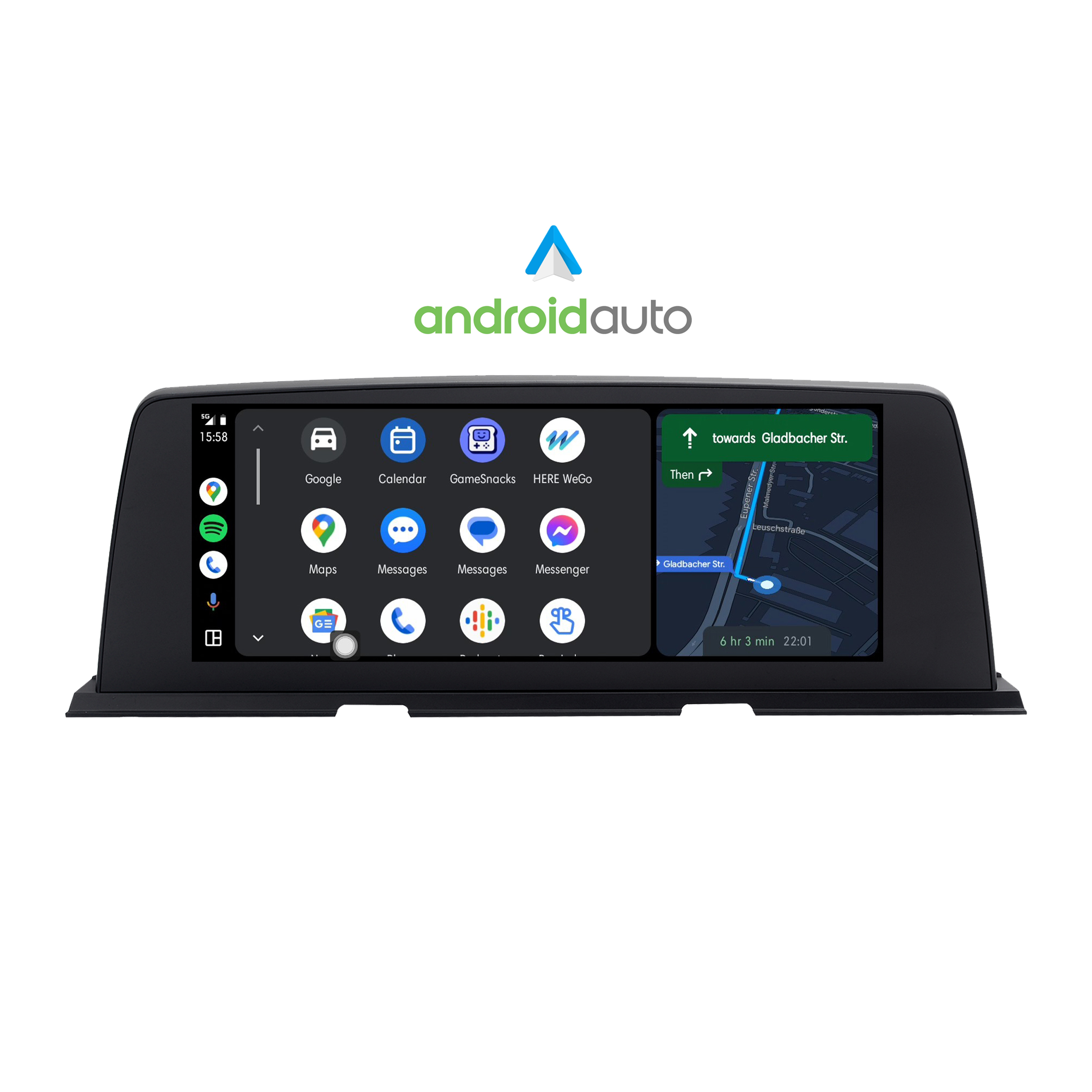 Android Auto-Bildschirm mit Karte, Navigation und App-Symbolen. Weißer Hintergrund.