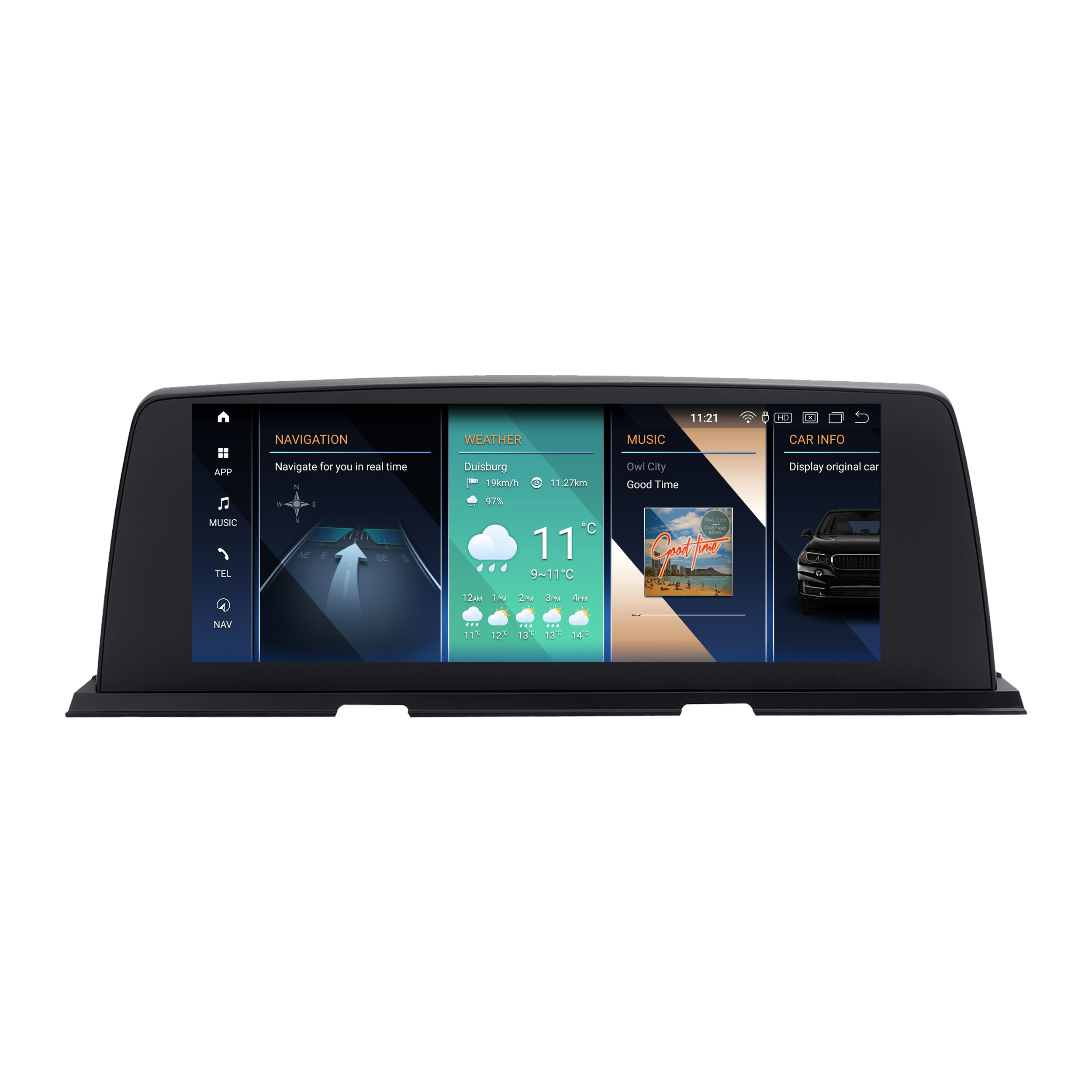 Auto-Dashboard-Bildschirm mit Navigation, Wetter, Musik und Fahrzeuginfos.