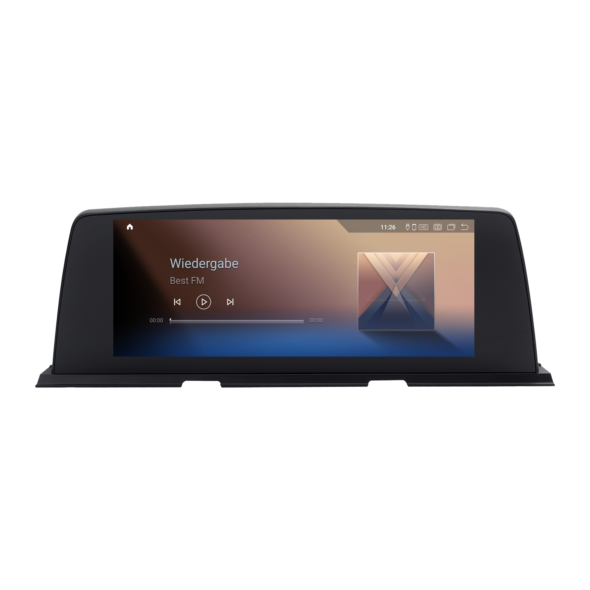 Ein schwarzer Auto-Multimedia-Bildschirm, der eine Musikplayer-Oberfläche zeigt.