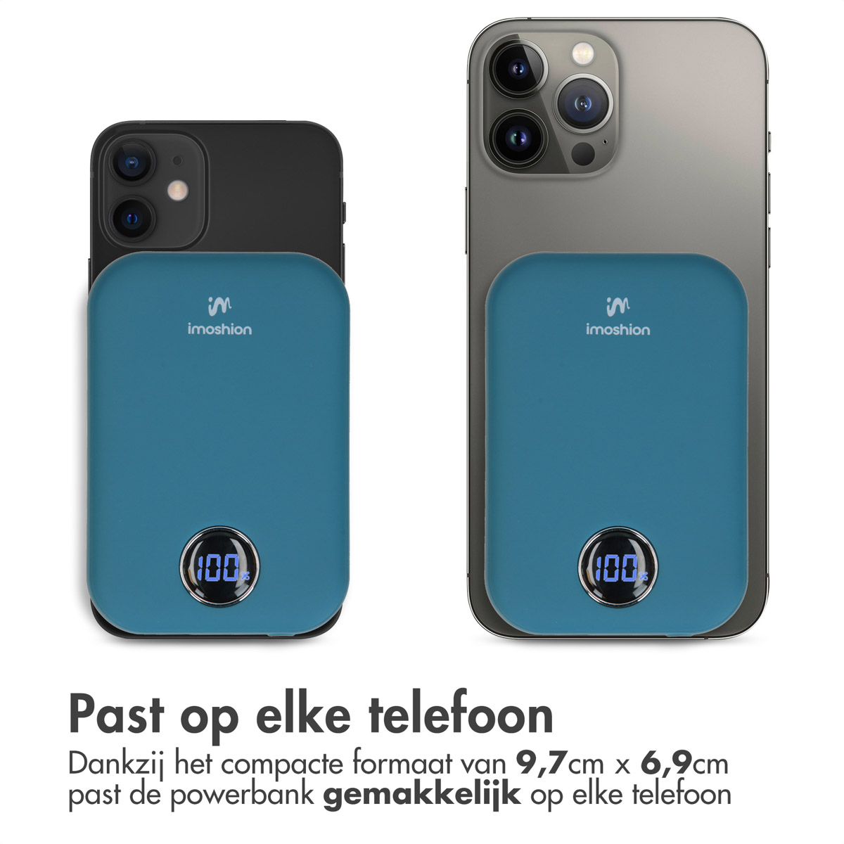Zwei Telefone nebeneinander mit einer blauen Powerbank. Text: 'Passt auf jedes Telefon'.
