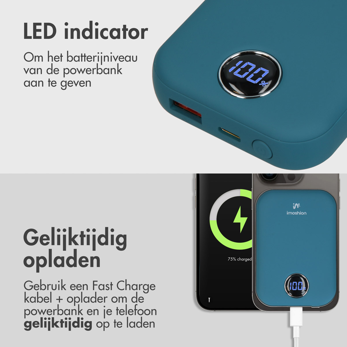 Powerbank mit Anzeige, die 100% anzeigt. Ein Telefon wird damit aufgeladen. Text sagt '100%'.
