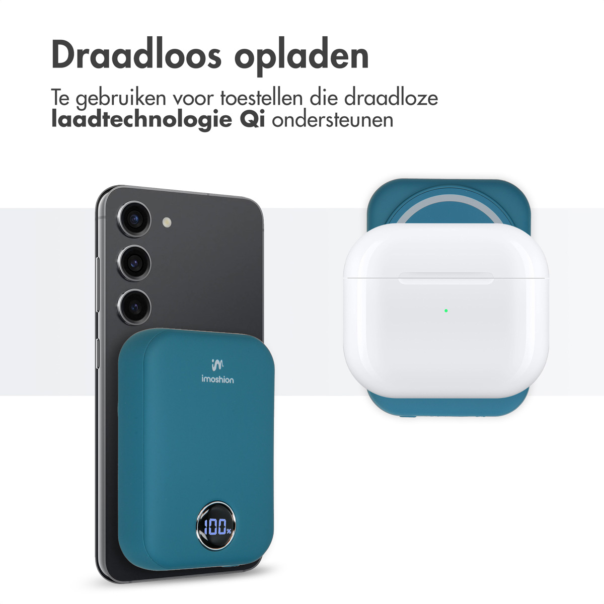Ein Telefon, das drahtlos mit einer blauen Powerbank und einem weißen drahtlosen Ladecase geladen wird.