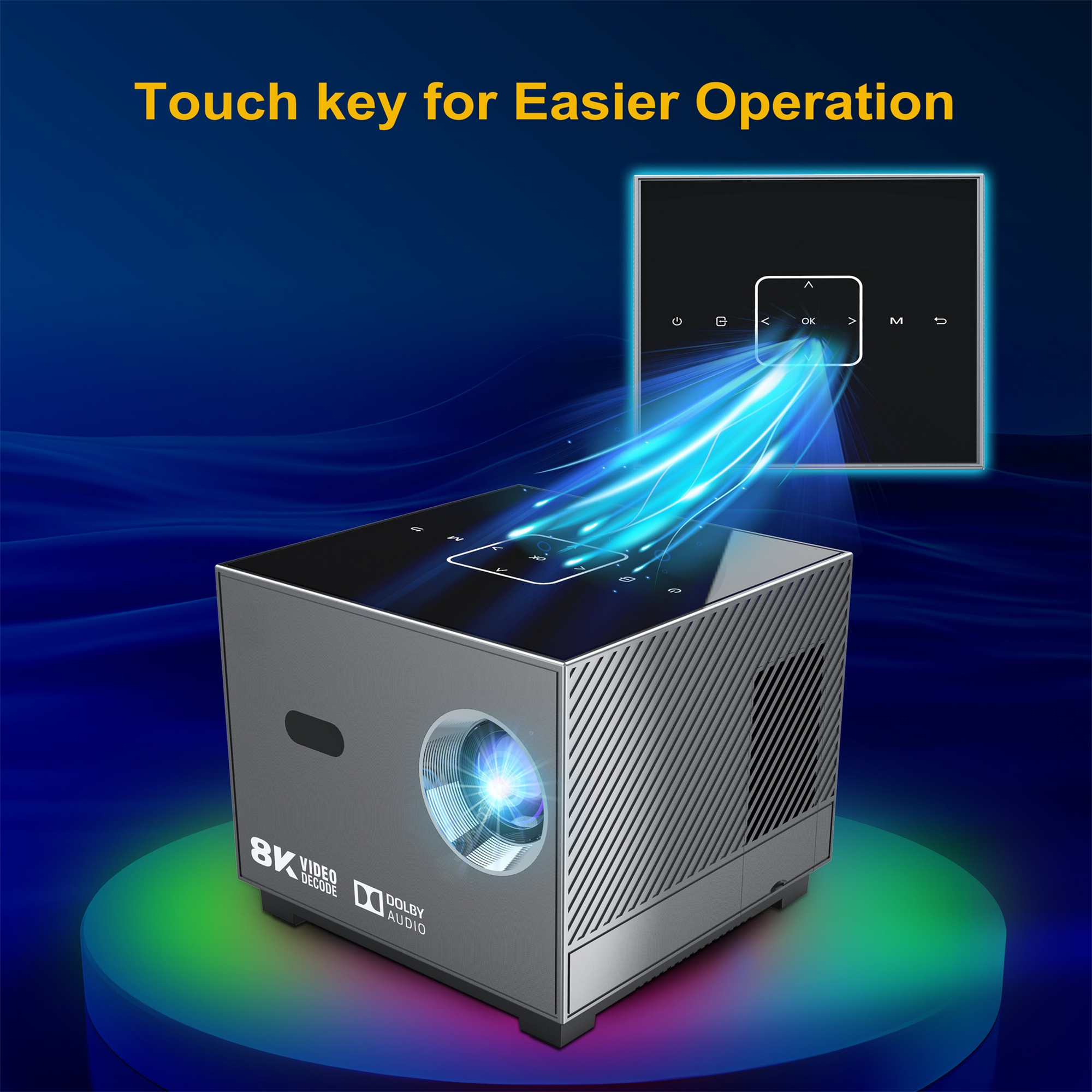 Schwarzer Projektor mit Touch-Bedienfeld und hellblauen Lichtstrahlen.