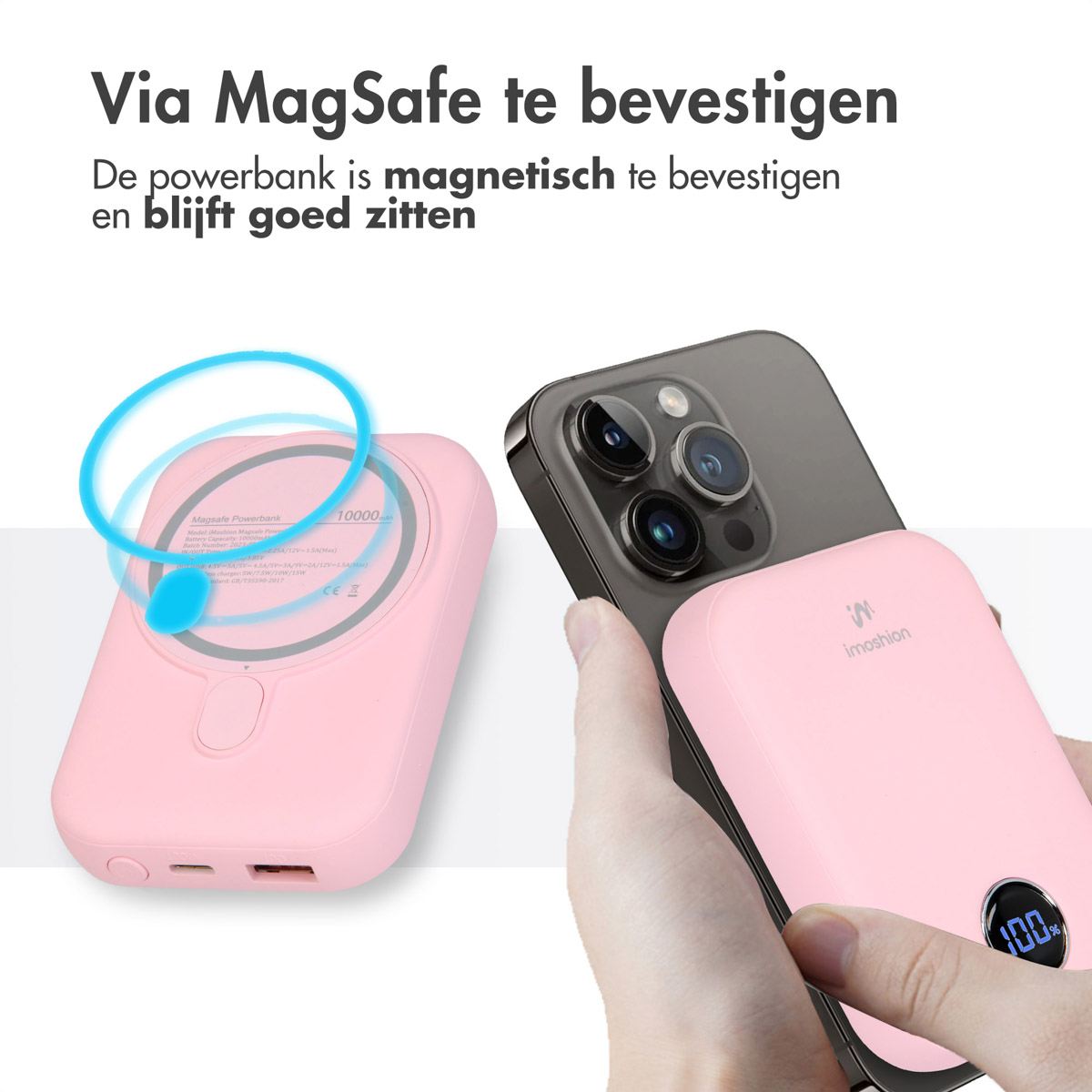 Rosa Powerbank magnetisch an einem Telefon befestigt. Das Telefon hat Kameras, die Bank zeigt 100 %.