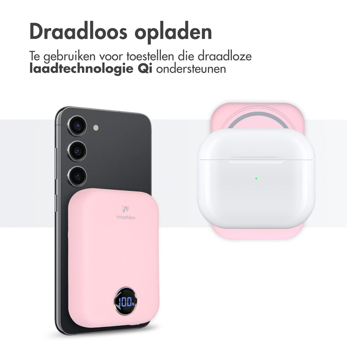 Telefon und Ladepad mit einer rosa Powerbank. Text lautet 'Kabelloses Laden'.