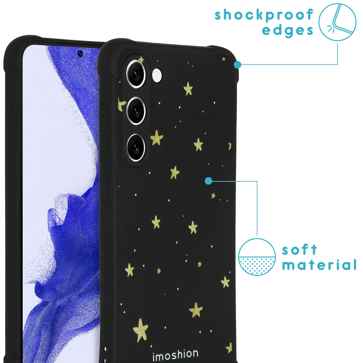 Zwarte telefoonhoes met gouden sterren design, op een witte achtergrond.