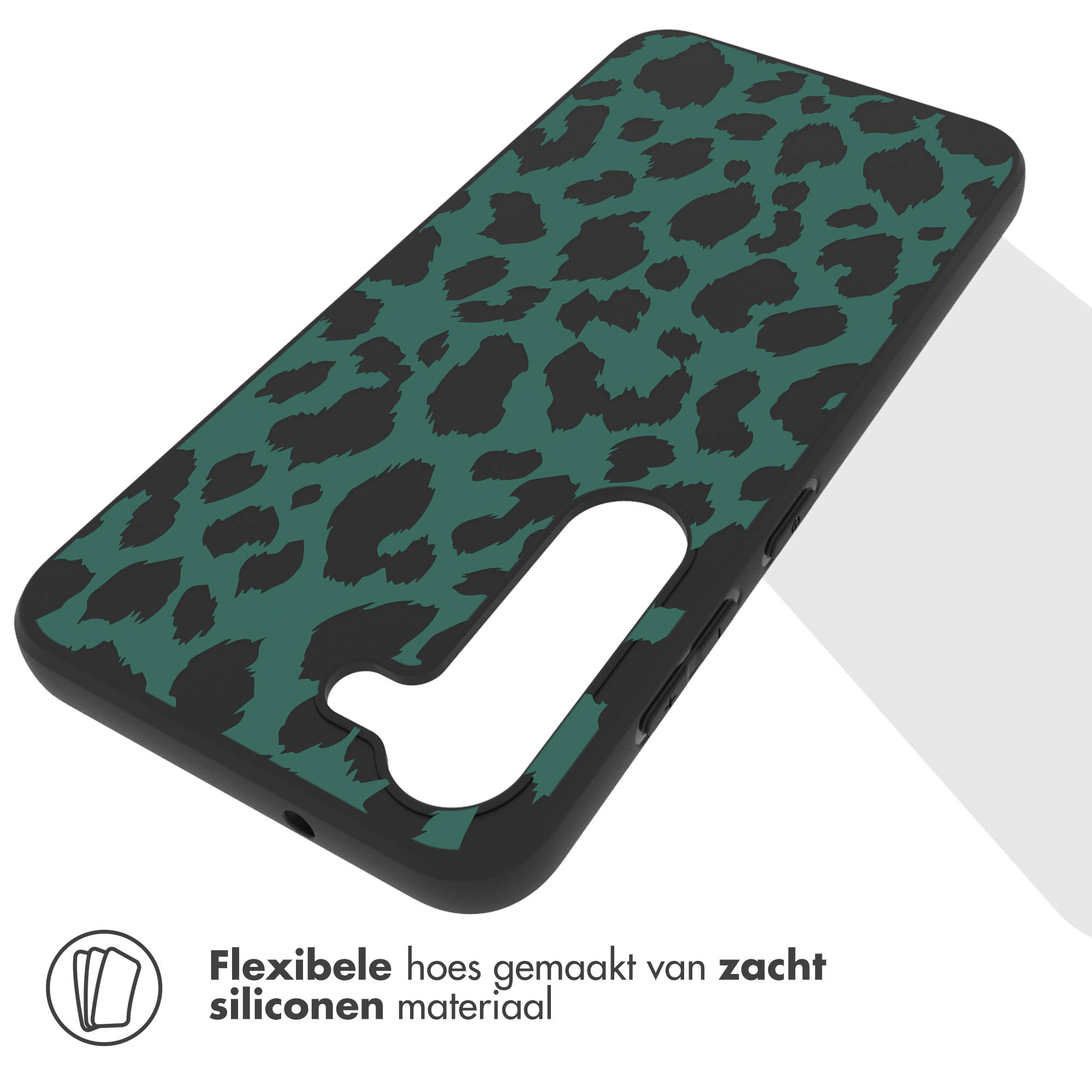 Phone case with green leopard print design.