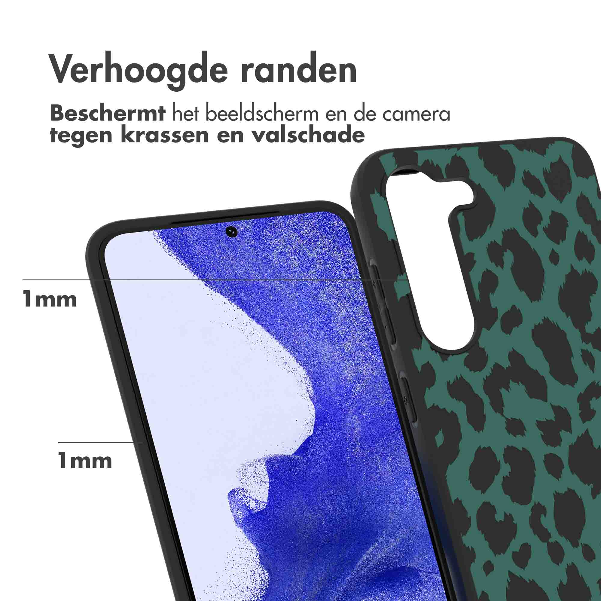 A phone case with a green leopard print pattern, protecting a phone screen.