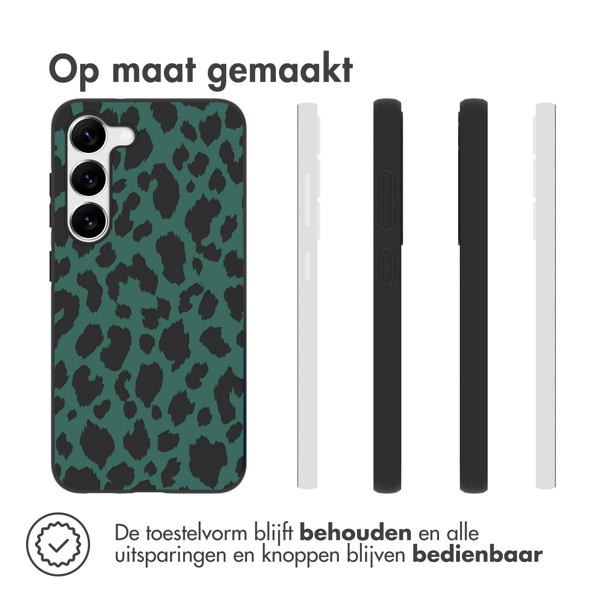 Phone case with green leopard print design. Several side views of the case are displayed.