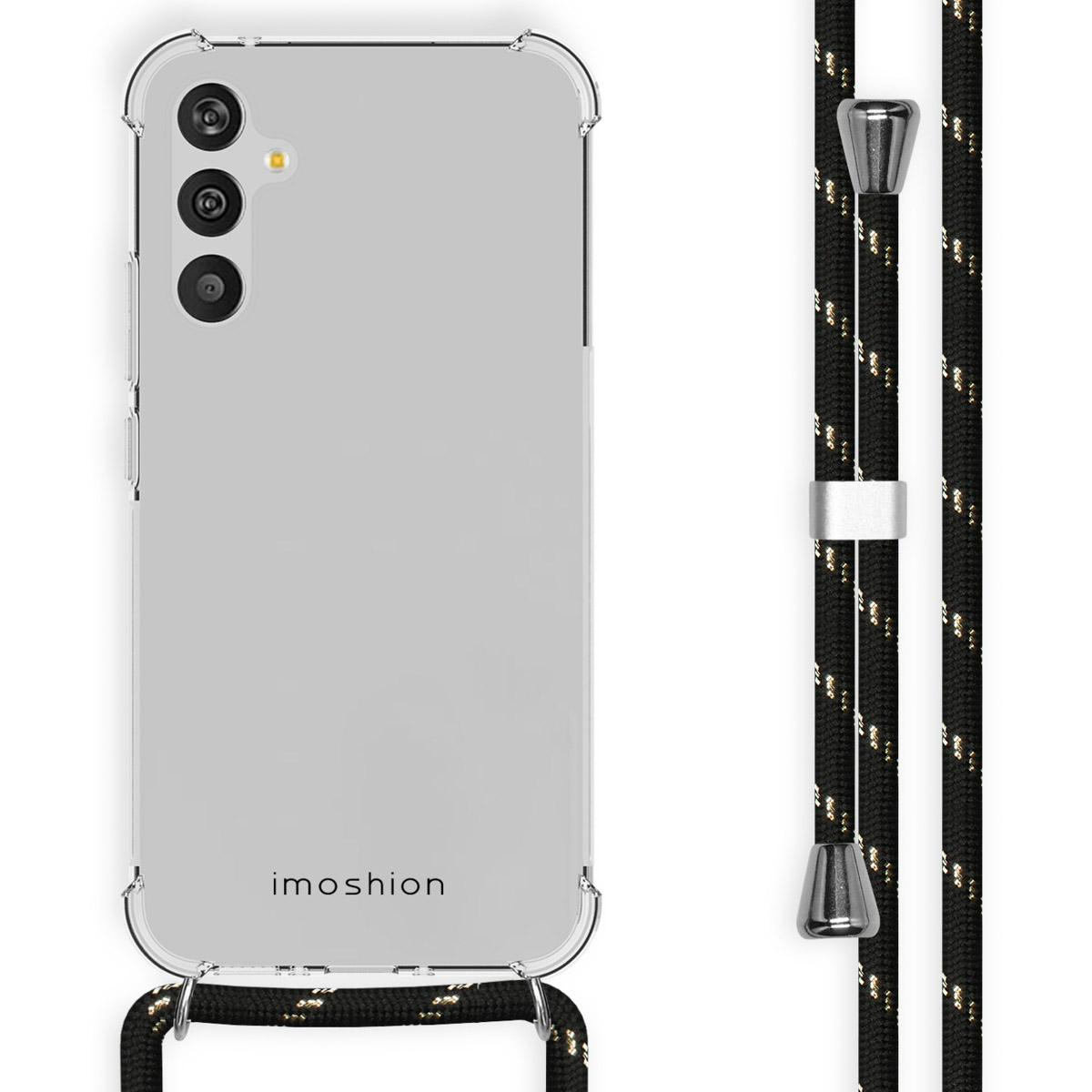 Coque de téléphone transparente avec cordon. La coque a trois découpes pour l'appareil photo.