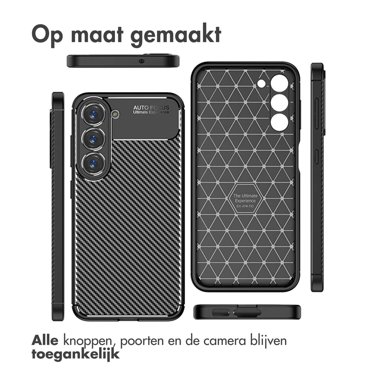 Zwarte telefoonhoes met koolstofvezeltextuur. Meerdere weergaven, ontwerp.