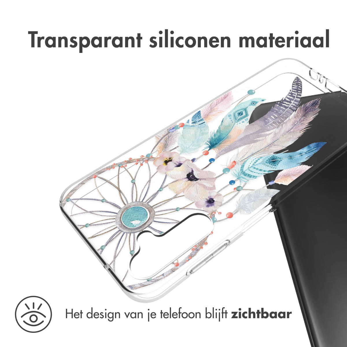 Coque de téléphone avec design transparent. Elle montre la coque avec un motif attrape-rêves.