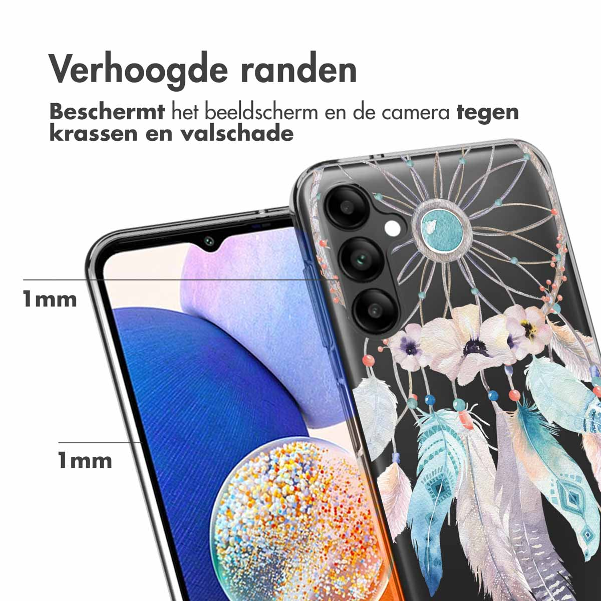Coque de téléphone transparente avec un motif attrape-rêves. Elle a des bords surélevés et un téléphone à l'intérieur.