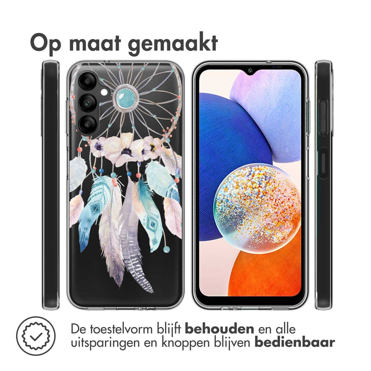 Coque de téléphone noire avec un motif attrape-rêves. Téléphone à côté.