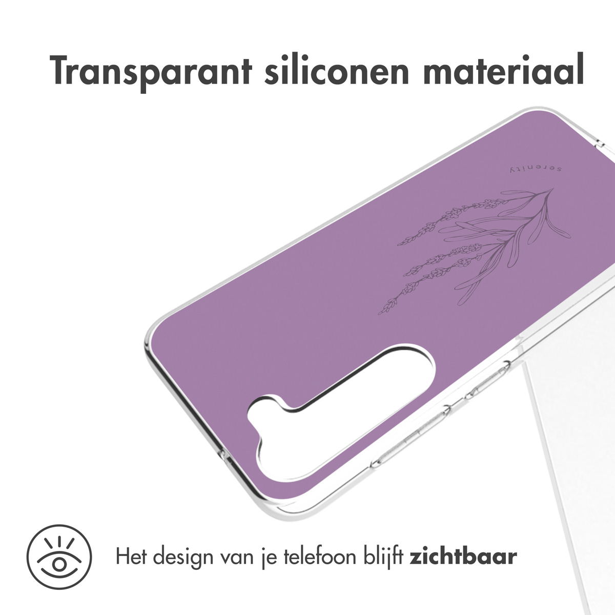 Transparent phone case with lavender design. The phone's design remains visible through the case.