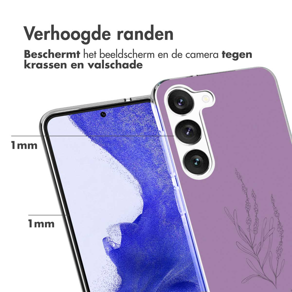 Purple phone case. The case has a floral design and raised edges for screen protection.