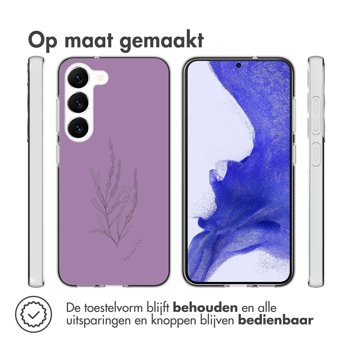 Purple phone case with a floral design, with the phone and side views.