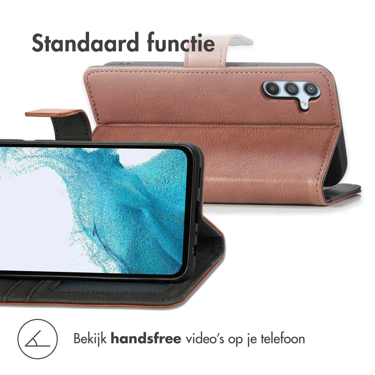 Bruine telefoonhoes met een telefoon erin. Het scherm van de telefoon is zichtbaar. Tekst: 'Bekijk handsfree video's'.