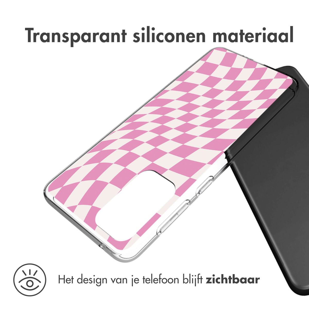 Coque transparente avec un motif à carreaux roses et blancs.