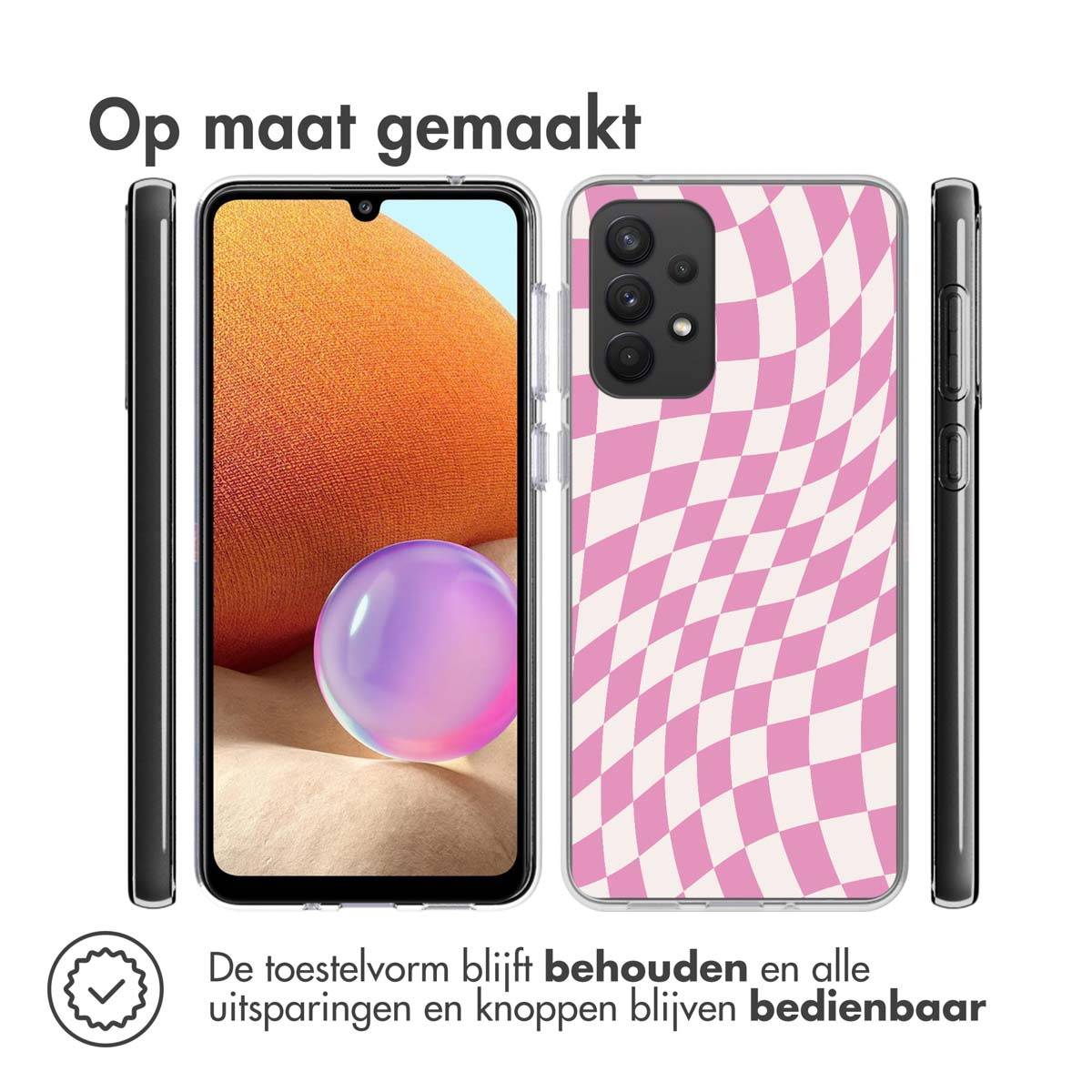 Coque de téléphone avec motif à carreaux roses et blancs, téléphone à l'intérieur, avec côtés noirs et blancs.