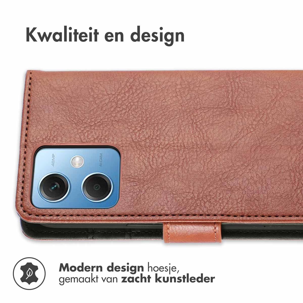 Bruine leren telefoonhoes, een modern design, gemaakt van zacht kunstleer.