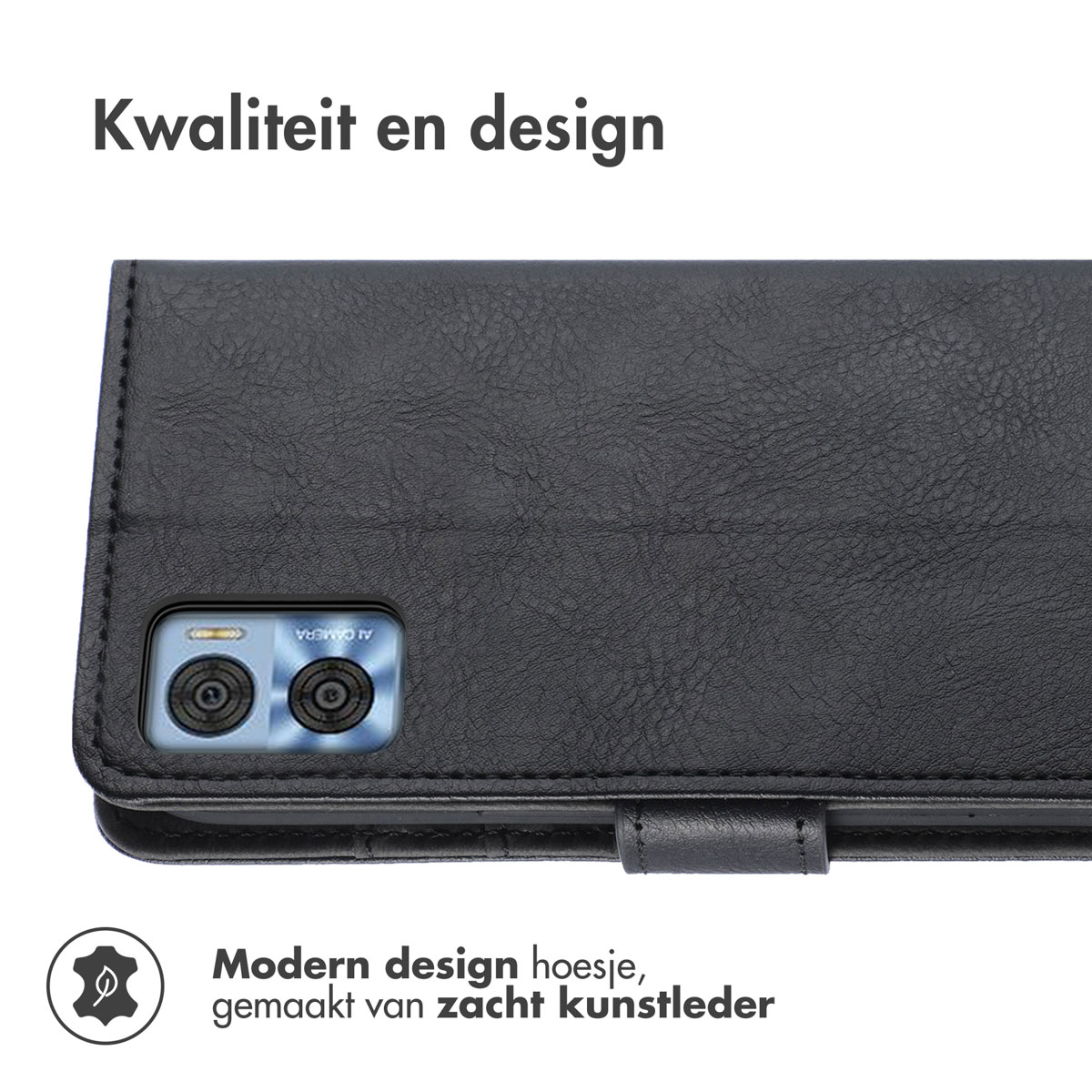 Una custodia per telefono nera con una texture in pelle. È uno stile a portafoglio, che copre il telefono e si ripiega.