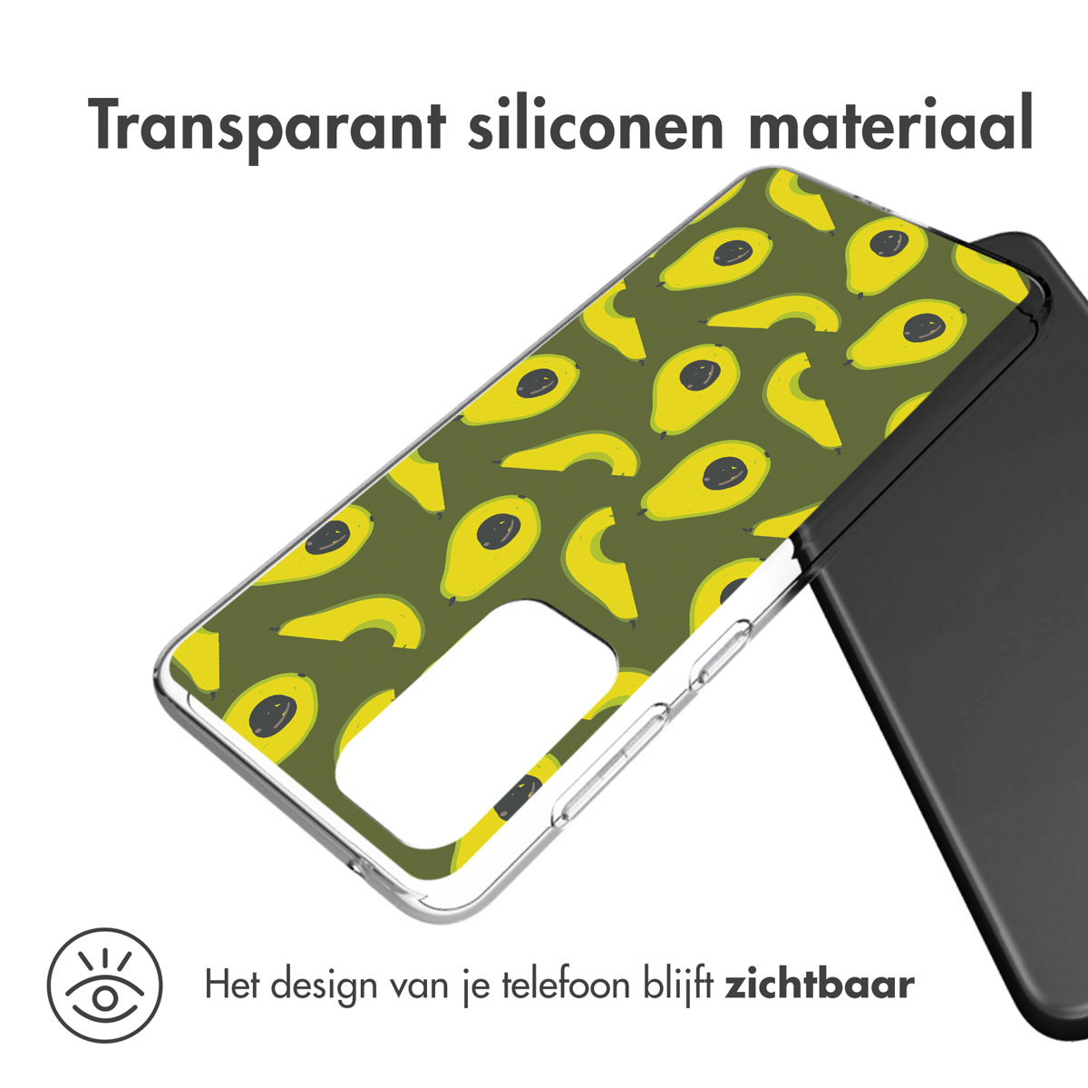 Coque de téléphone transparente avocat avec motif tranches d'avocat, avec téléphone à l'intérieur.