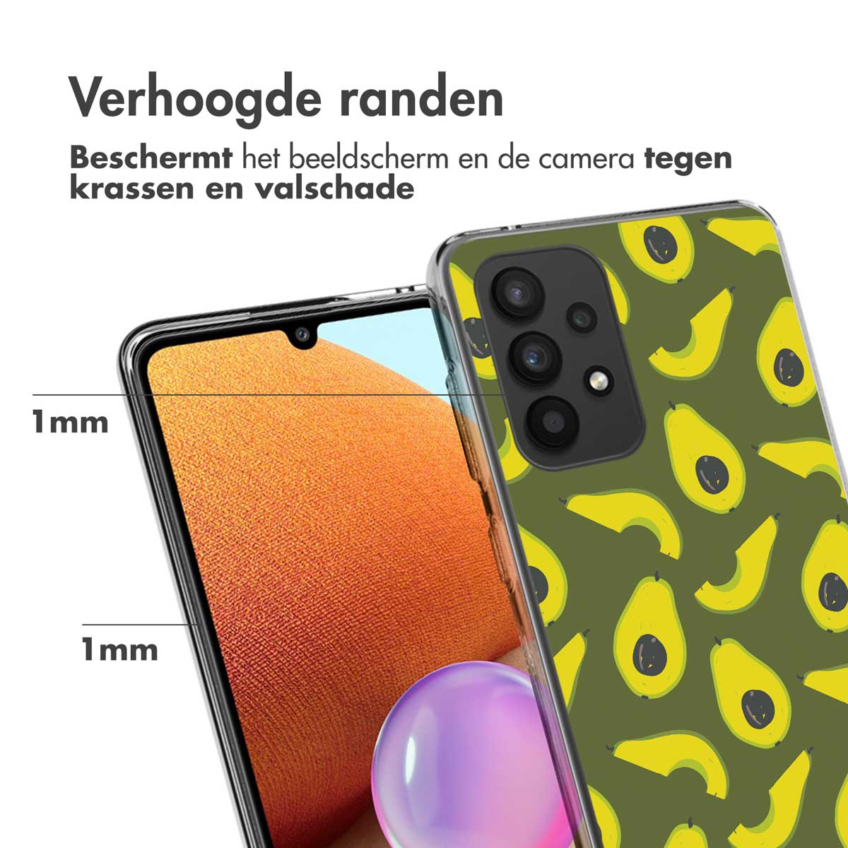 Coque de téléphone avec motif avocat. Montre un téléphone dans une coque avec un design de tranches d'avocat.