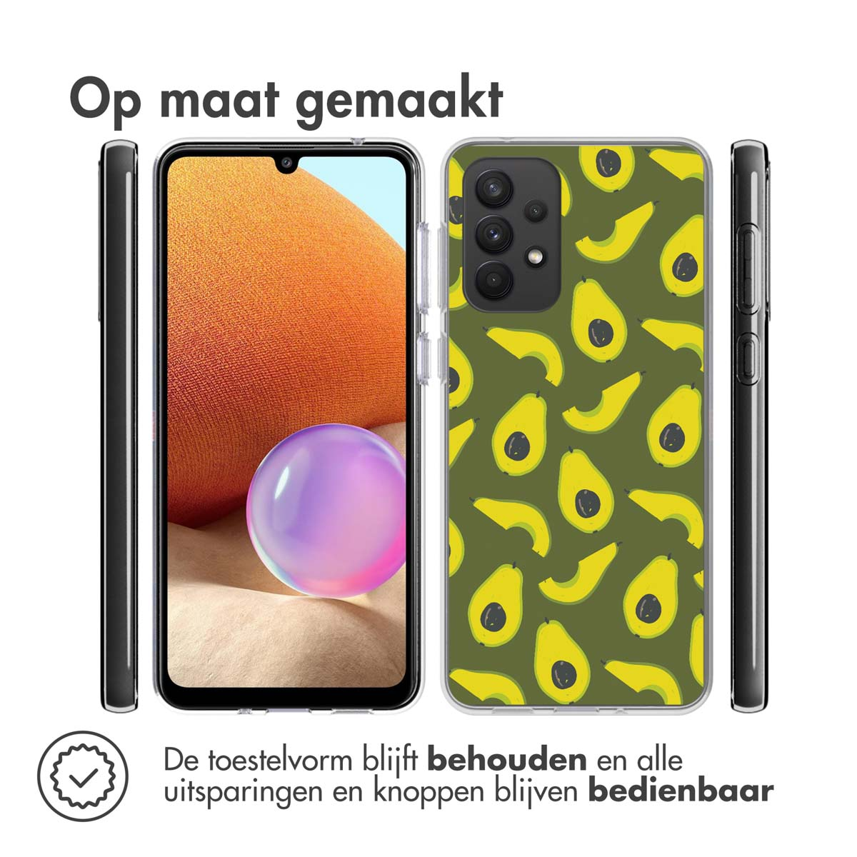 Téléphone avec coque avocat ouvert. Texte: La forme du téléphone reste, toutes les découpes utilisables.