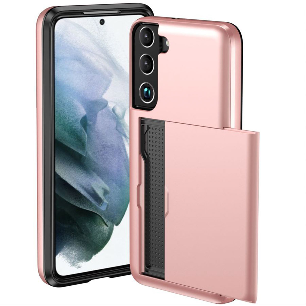 Roze telefoonhoesje met een kaarthouder.