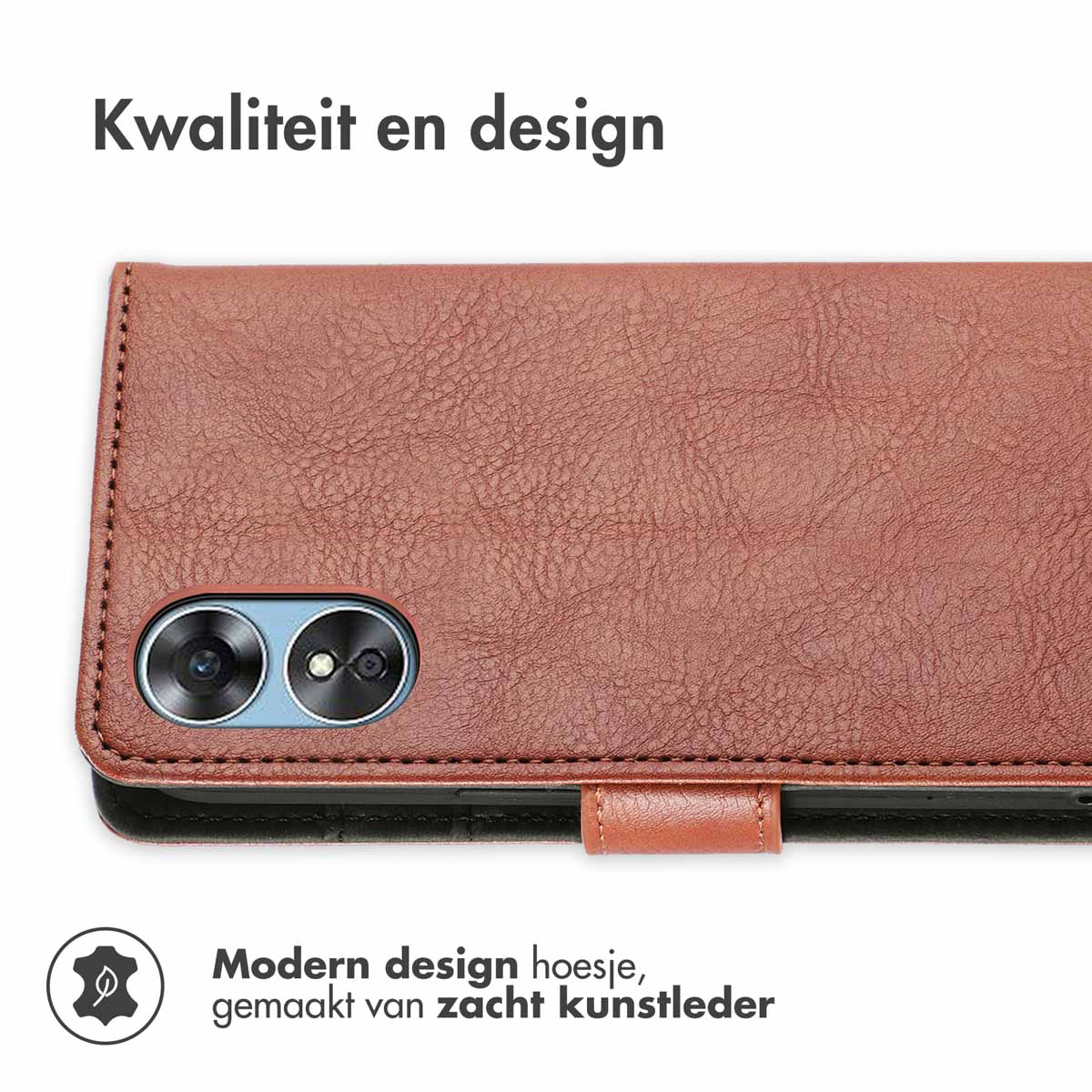 Bruine leren telefoonhoes met twee camera's en een magnetische sluiting.