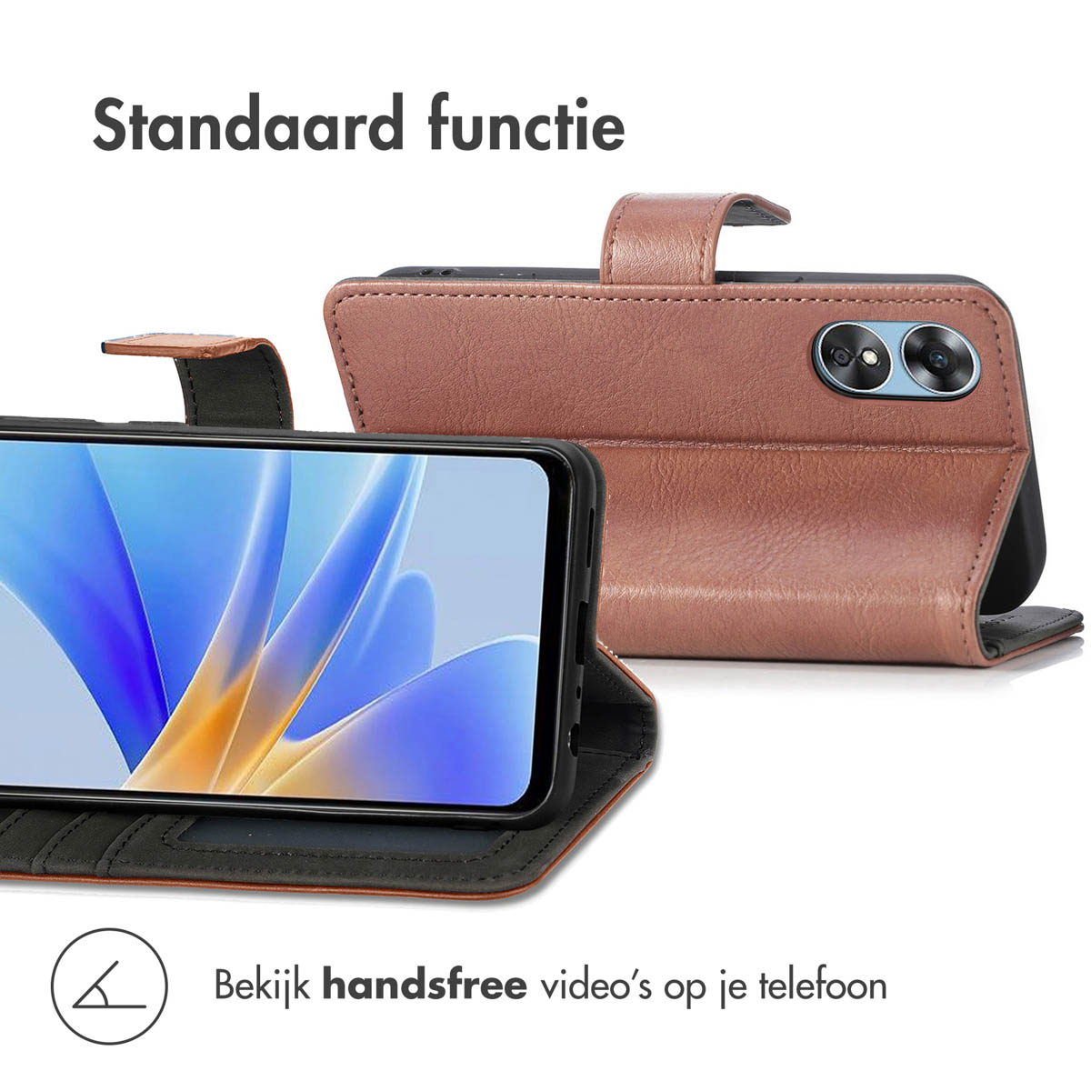 Een telefoonhoesje met standaardfunctie maakt handsfree video's kijken mogelijk, uitgelicht in een productshowcase.