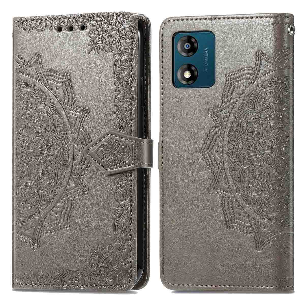 Grijze telefoonhoes met een mandala design. Hoesje is open.