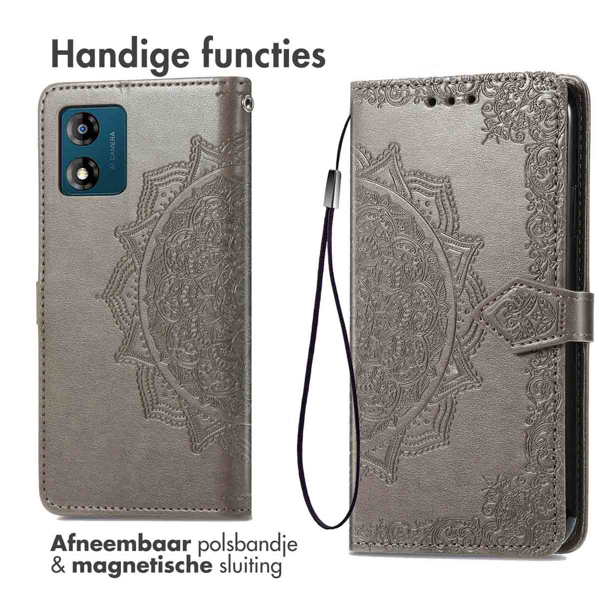 Grijze telefoonhoes open, met een mandala ontwerp. Een polsbandje is bevestigd.