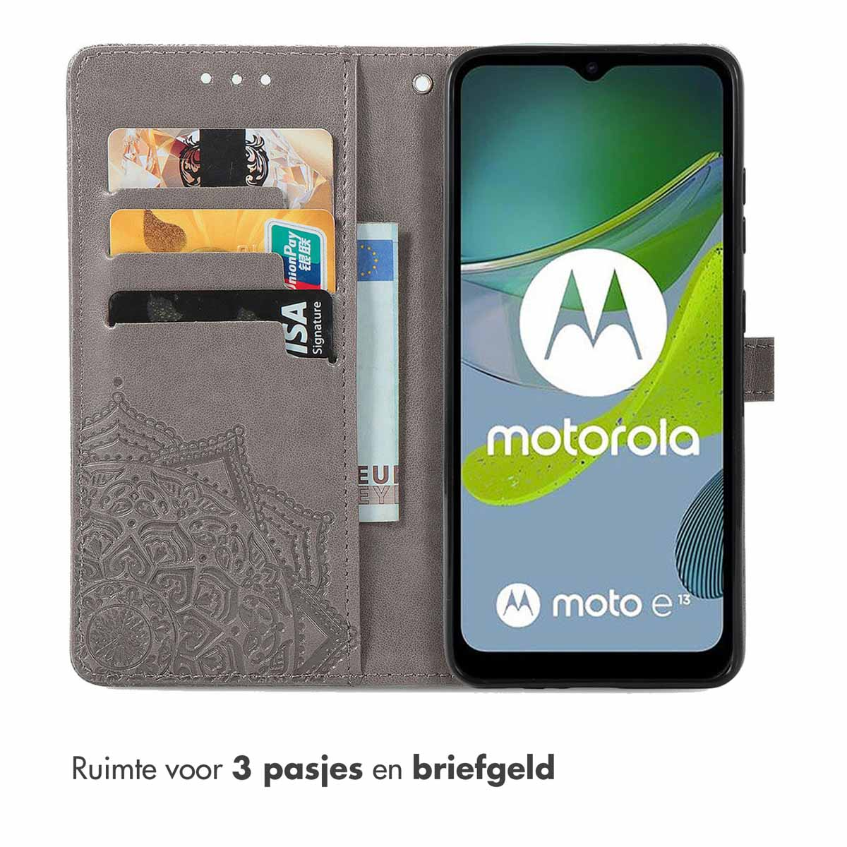 Grijze telefoonhoes open, met kaarten en geld. Telefoon met Motorola-logo.