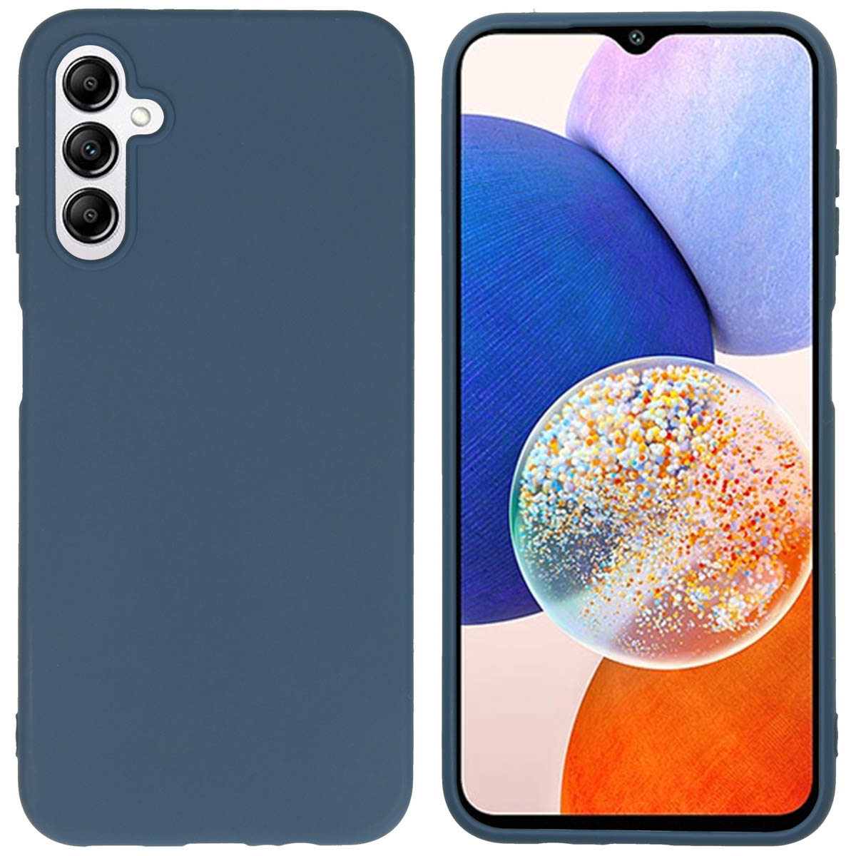 Blauwe telefoonhoes. Het bevat een telefoon. De telefoon heeft een scherm en een camera.