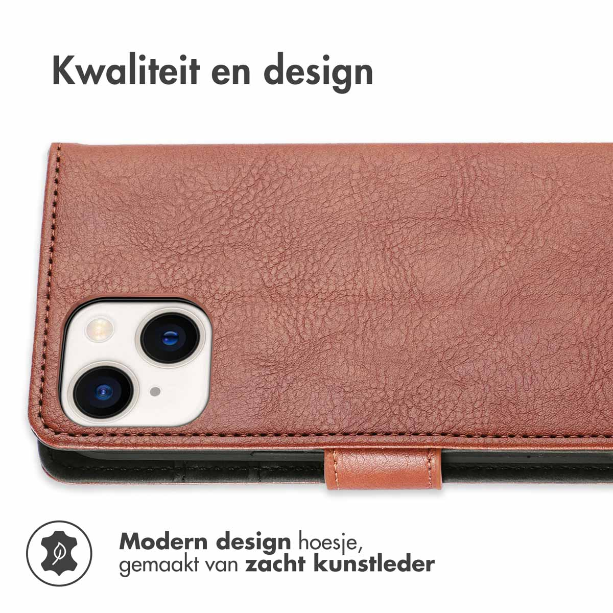 Bruine telefoonhoes met een telefoon erin. De hoes is open en toont de telefoon, een kaartsleuf is zichtbaar.