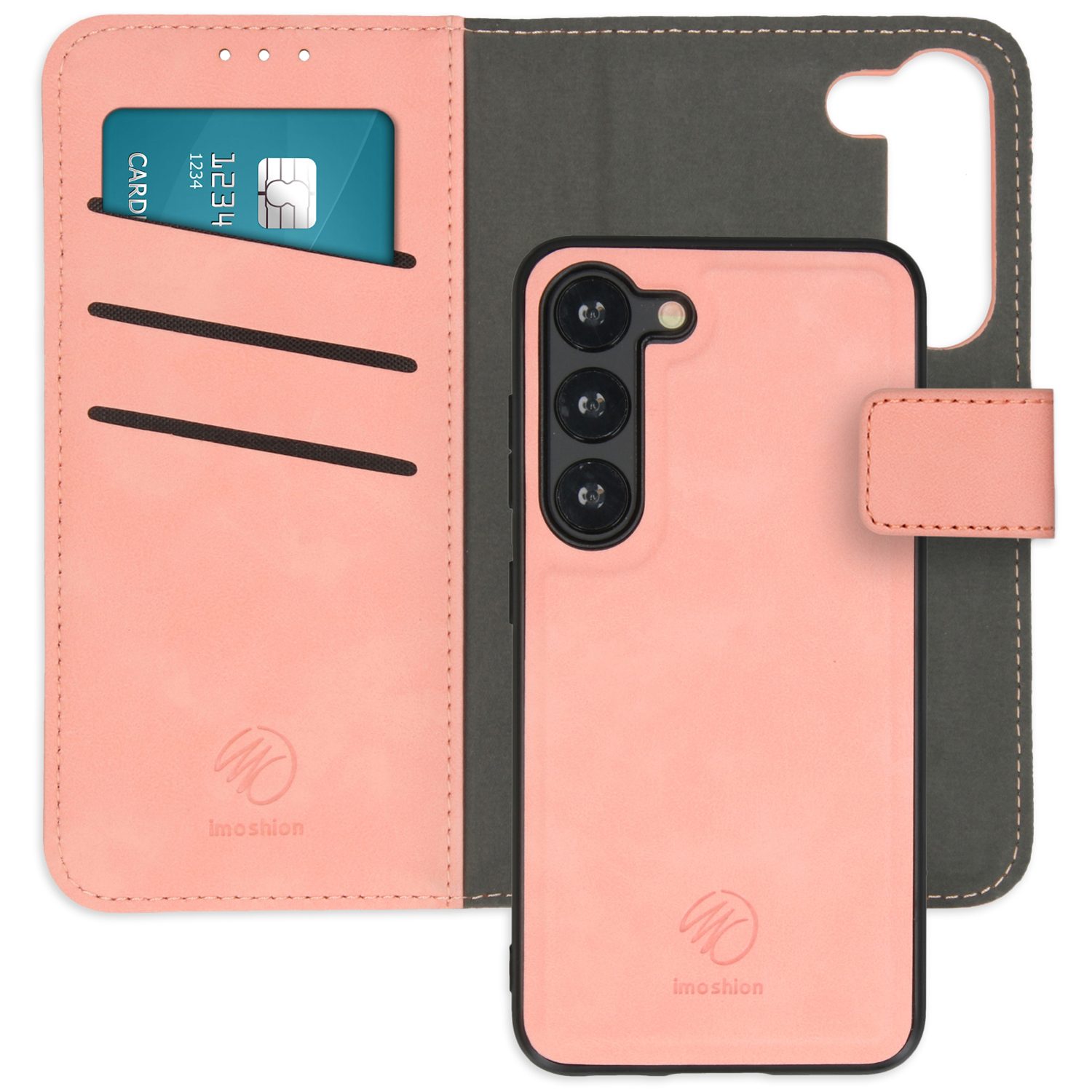 Roze telefoonhoes met ruimte voor kaarten. De telefoon heeft drie camera's en het Imoshion logo.