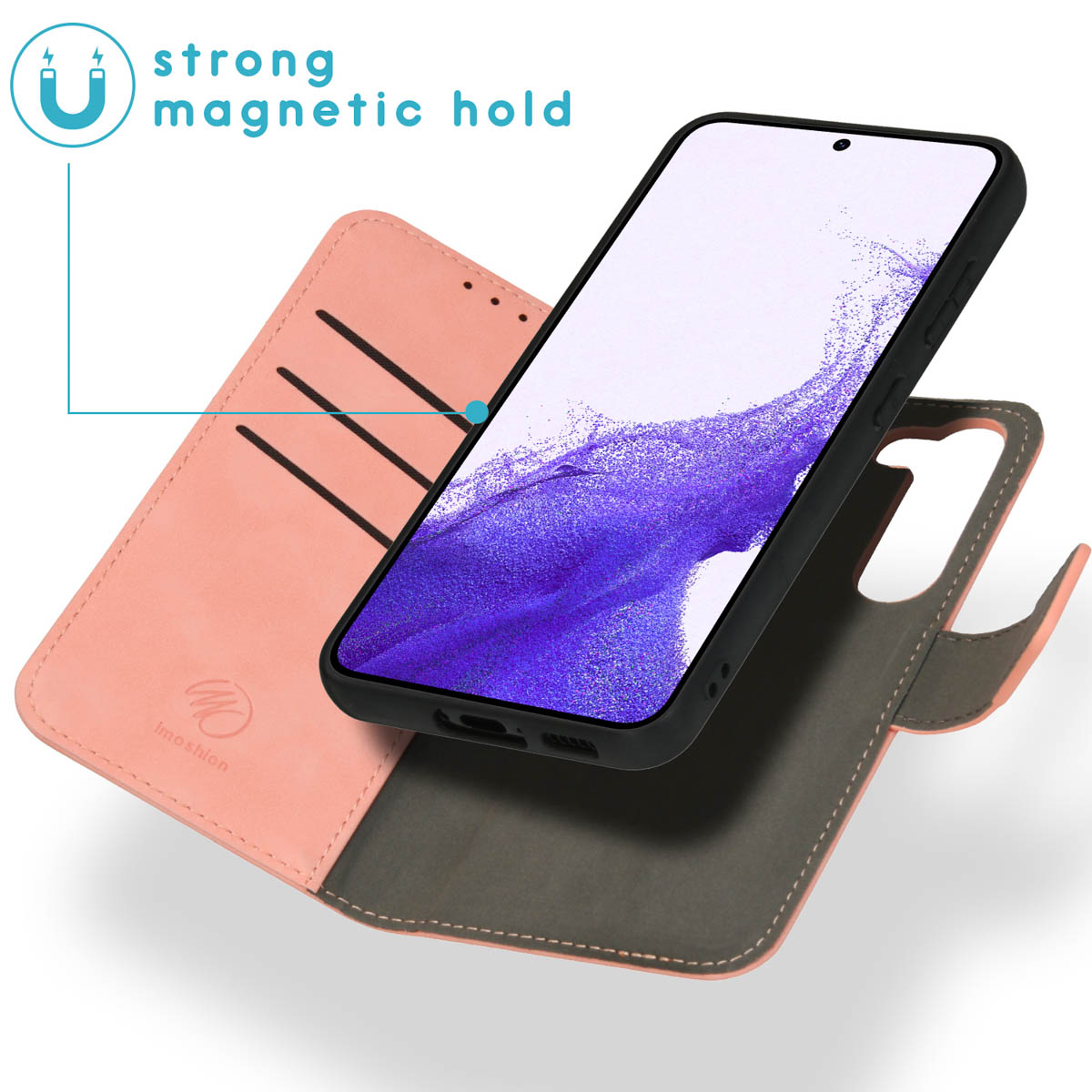 Roze telefoonhoes met een telefoon erin. De hoes is open en toont kaarten en een magnetische houder.