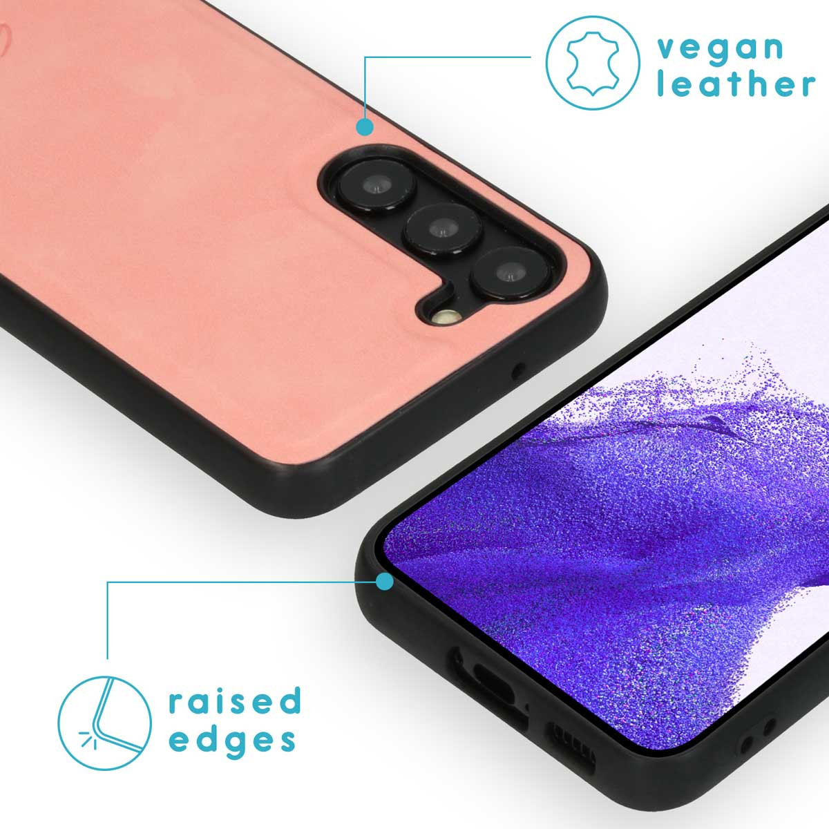 Een roze telefoonhoesje. Toont een telefoon in een roze hoesje met camera-uitsparingen en verhoogde randen.