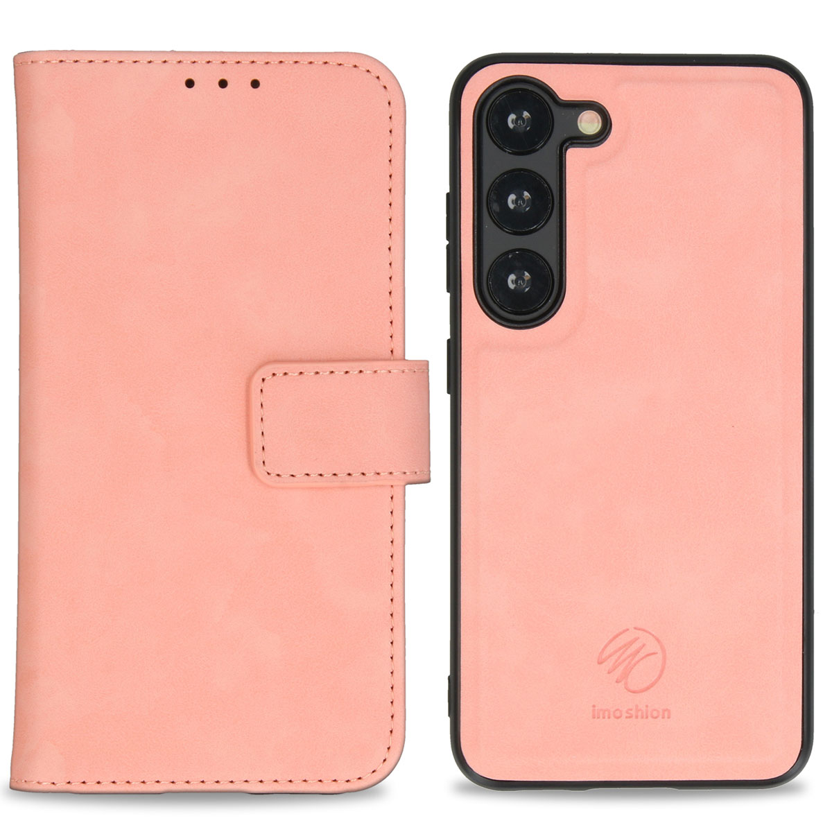 Roze telefoonhoes, opgevouwen en open. De open hoes toont een telefoon. Met magnetische sluiting.