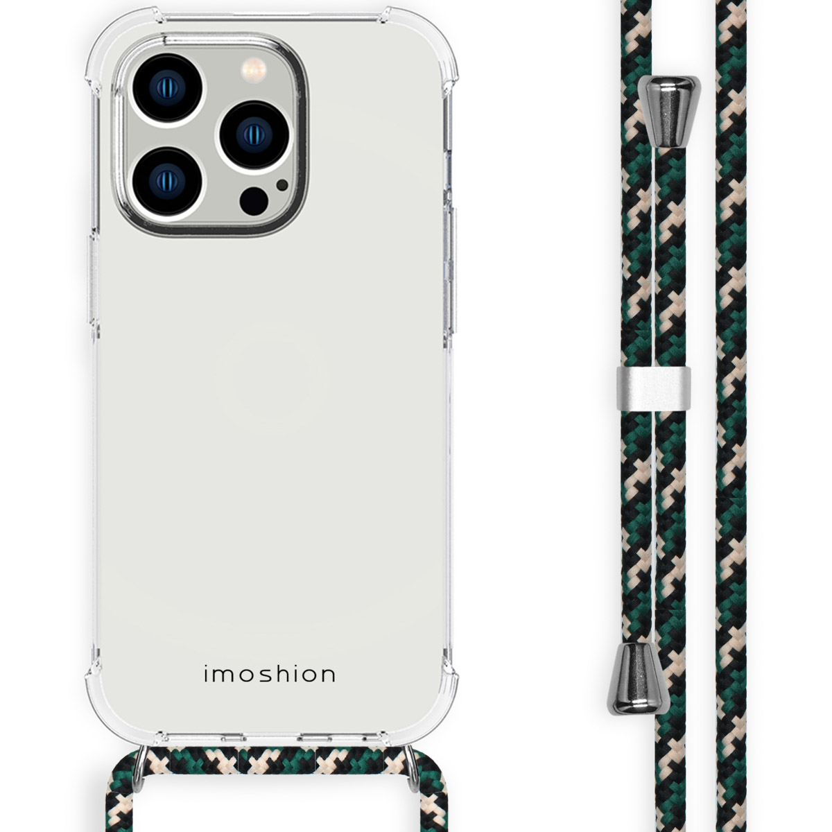 Clear phone case with a green and black patterned lanyard. The lanyard is attached to the phone case.