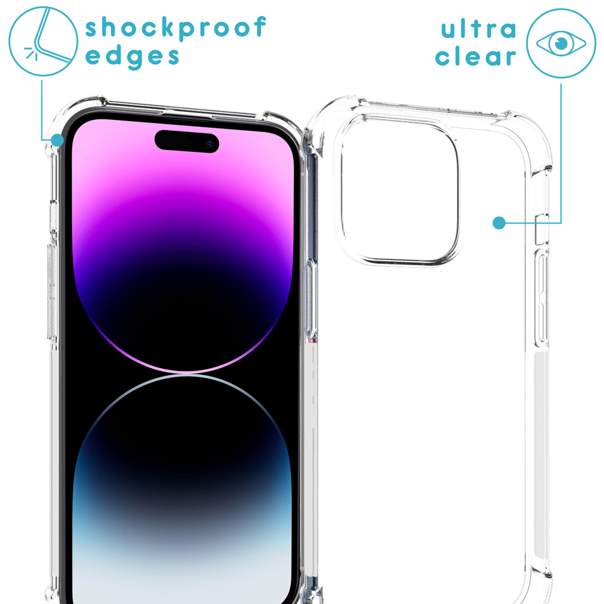Clear phone case with shockproof edges. It shows a phone inside the case.