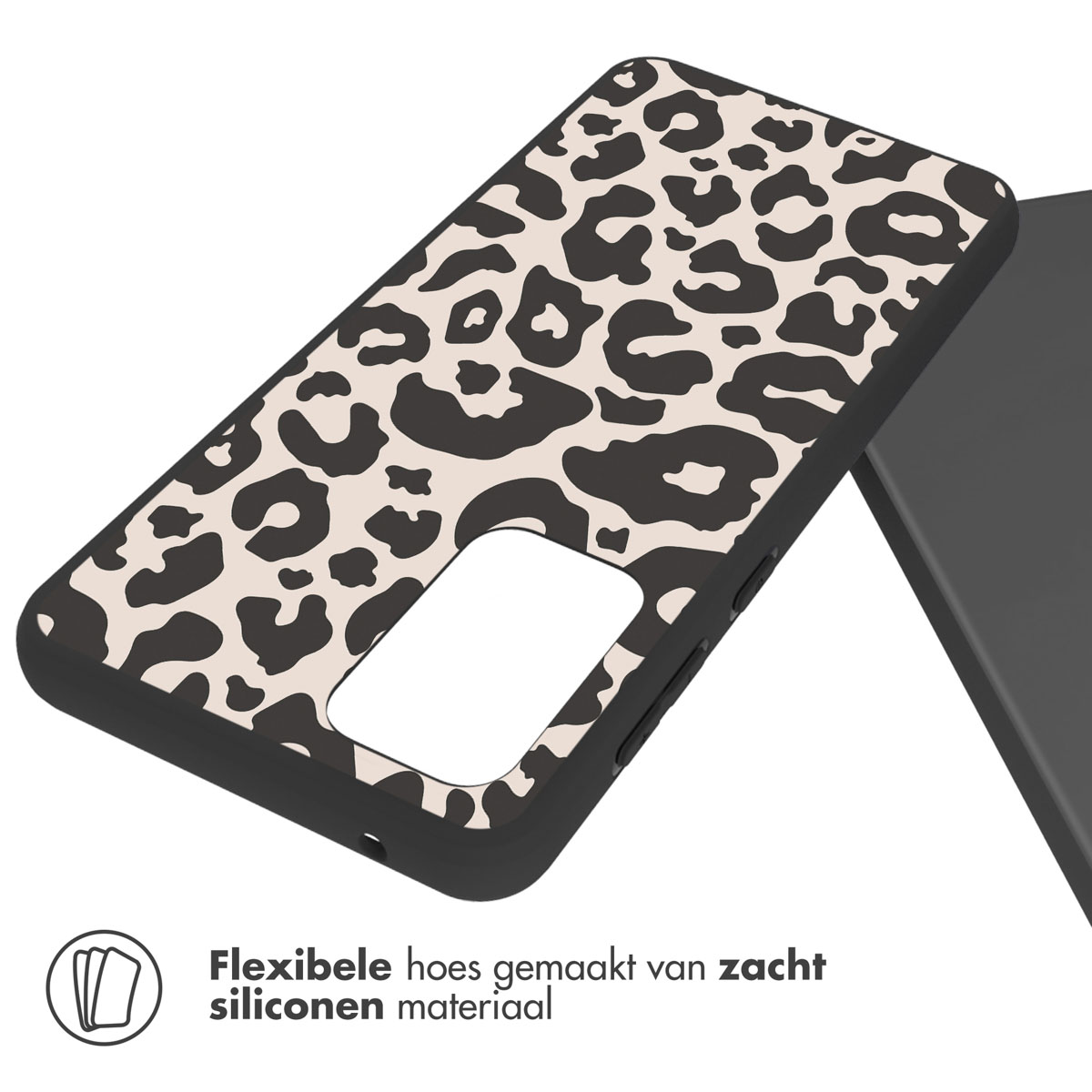 Coque de téléphone avec un motif léopard. Bord noir, fond clair.