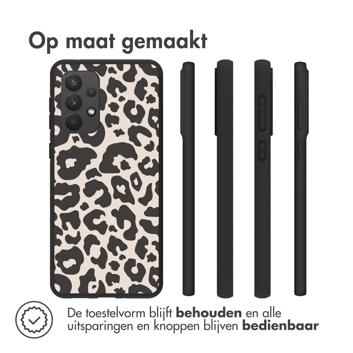Coque de téléphone avec motif léopard. Plusieurs vues montrent les détails.