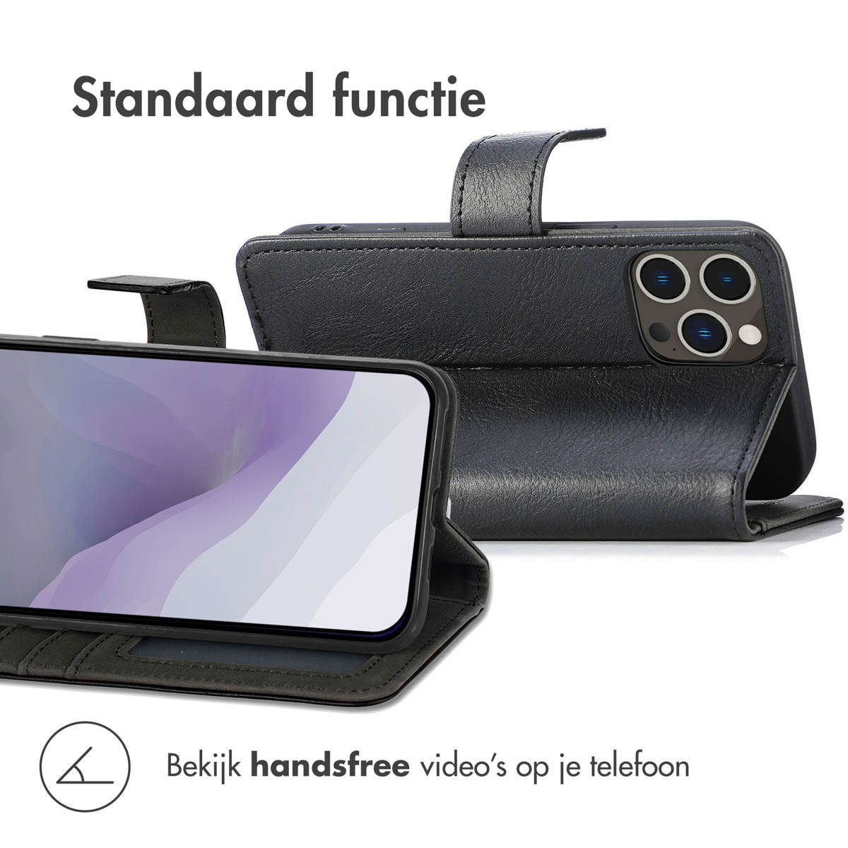 Zwarte telefoon in een hoesje dat als een boek opent. De telefoon is schuin.